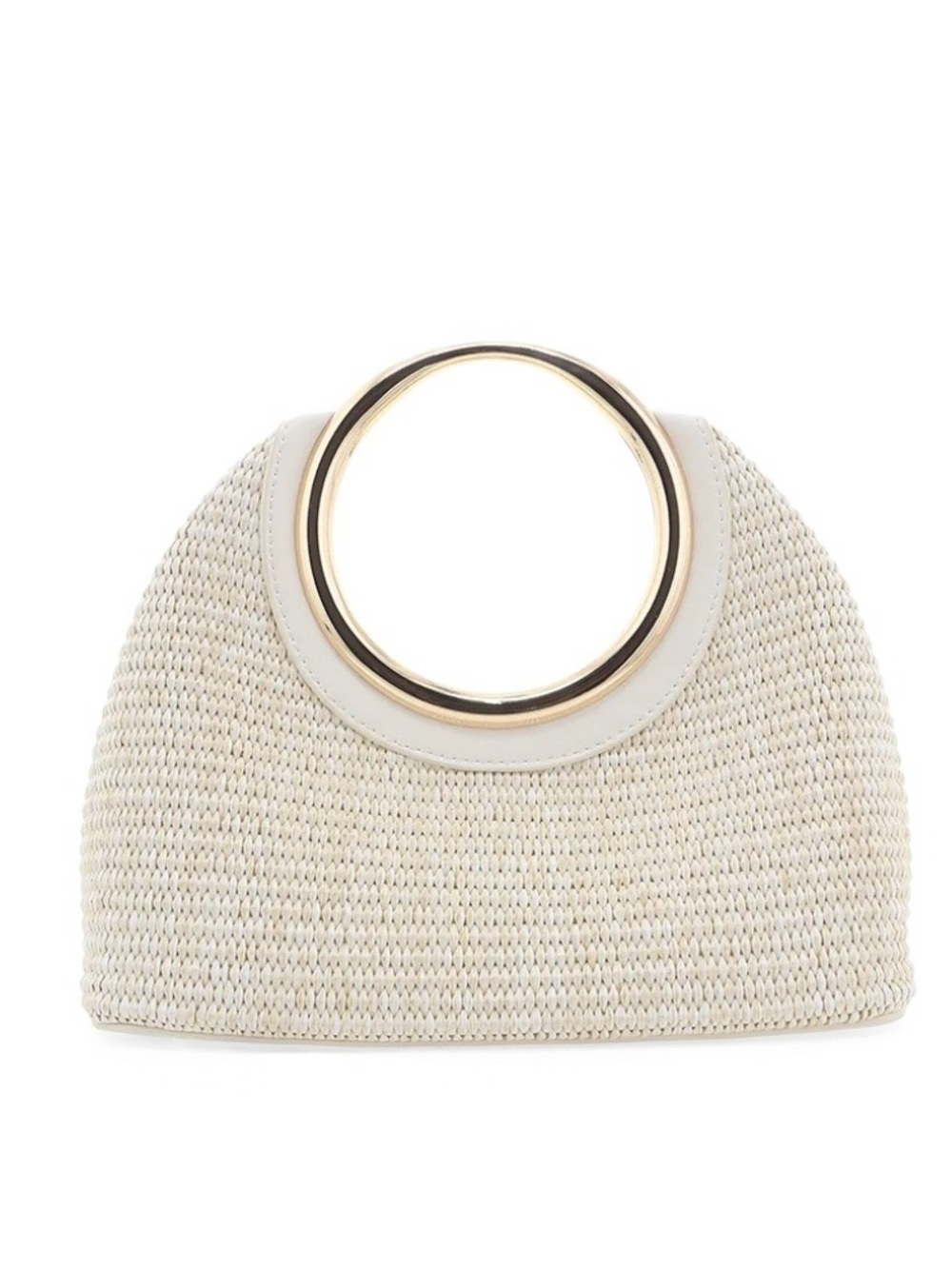 Bellini Cream Straw Circle-Handle Clutch with Gold Accent